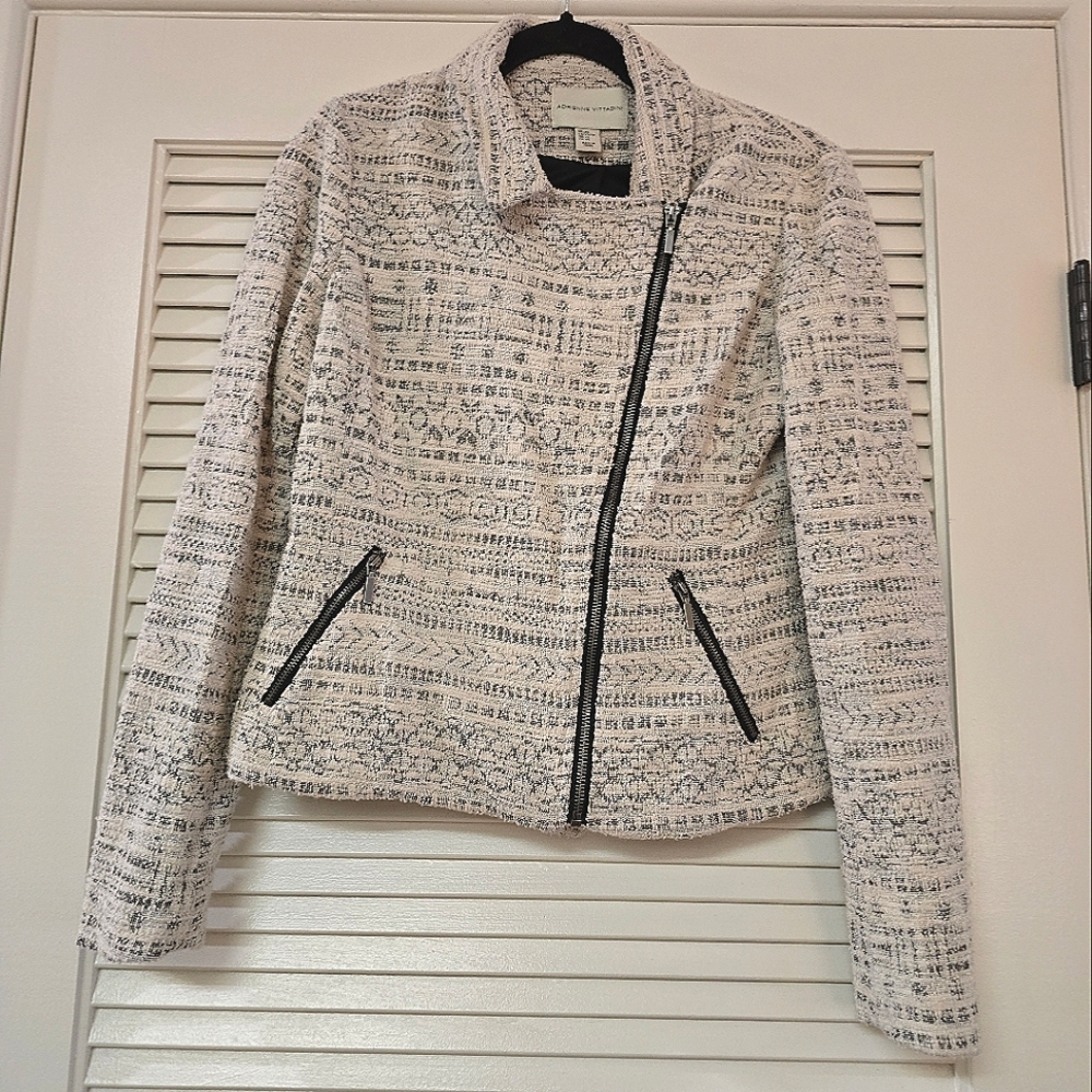 Adrienne Vittadini - Asymmetrical Textured Patterned Jacket With Zipper Pockets
